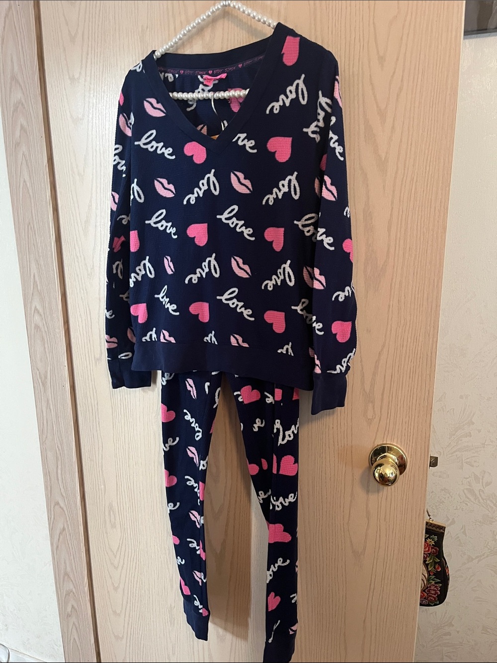 Betsey Johnson Navy Pajama Set with Pink Hearts & Script